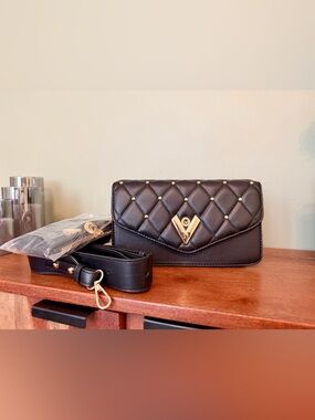 NWT- Valentino Orlandi Black Quilted Crossbody Wallet with Gold Hardware